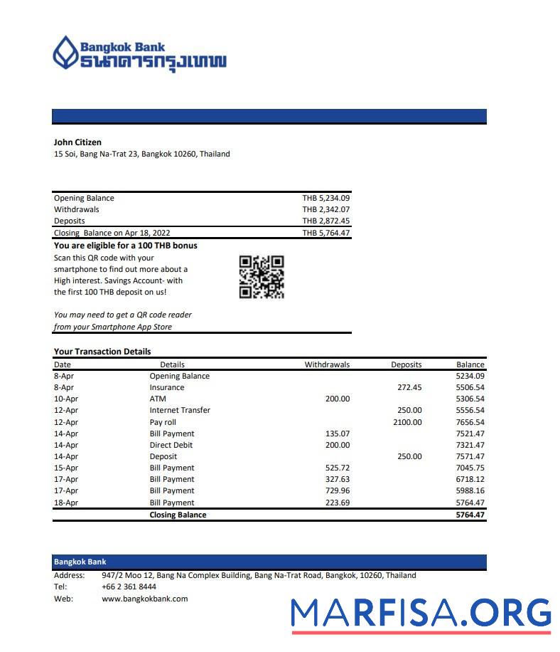 Realistic Thailand Bangkok bank statement excel version 1 example